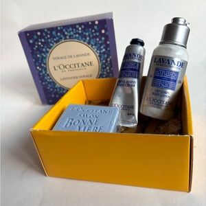 L’Occitane Lavender Voyage Gift Set 1 oz Hand Cream 3.5 oz Soap 2.5 Body Lotion